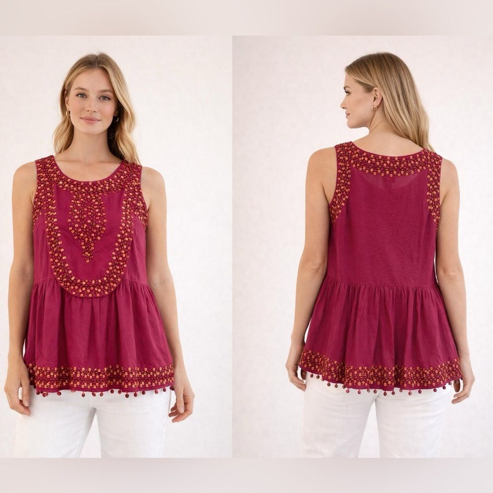 Tracy Reese Boho Embellished Top Y2K Cotton Sleeveless Beaded Festival size 12